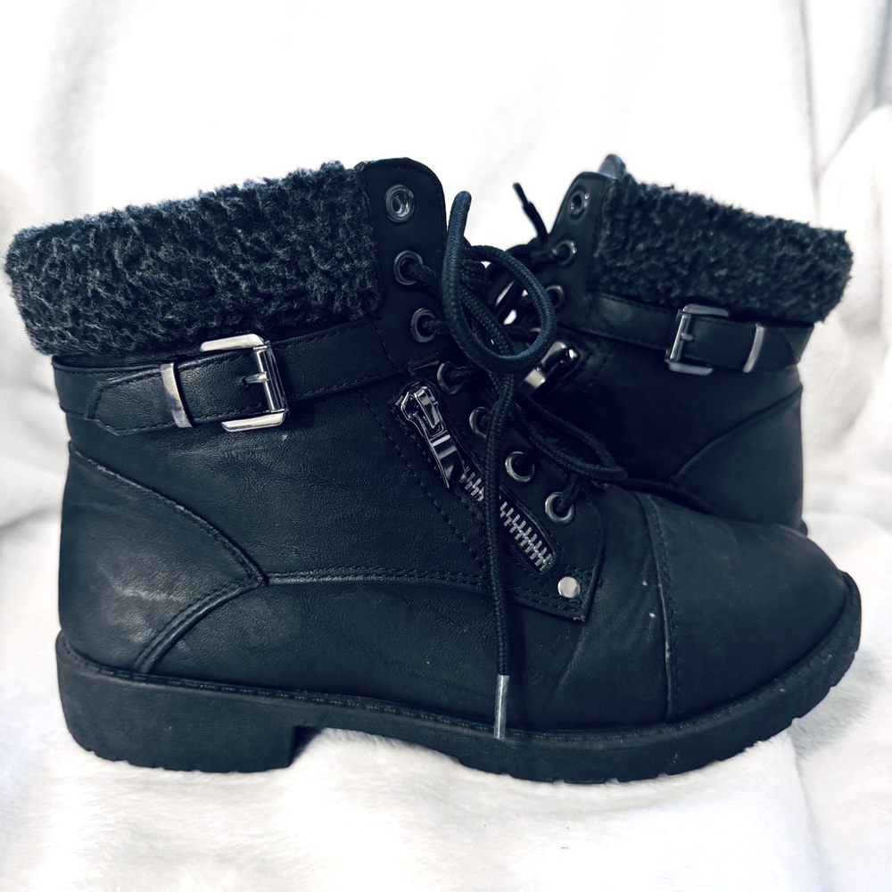 Black Fur Trim Zipper Lace-up Boots